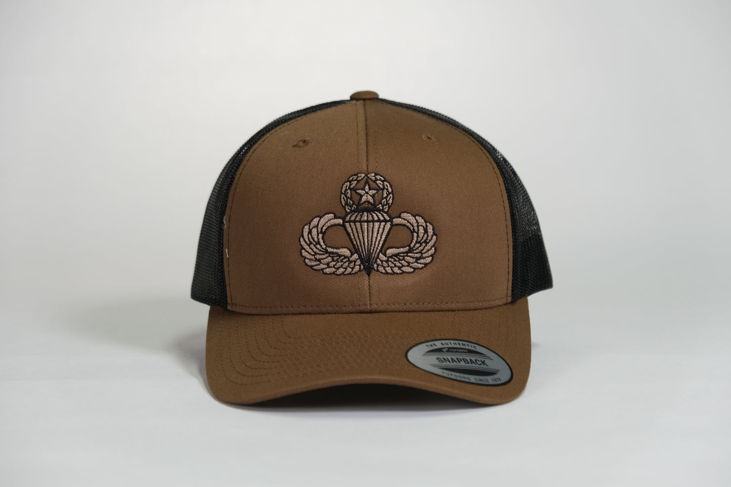 Master Airborne Badge Embroidered Coyote Retro Trucker Cap - Shamrock Collective