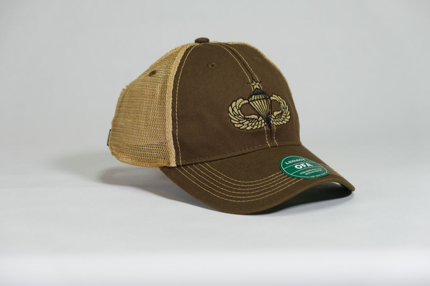 Senior Airborne Badge Embroidered Olive Drab Old Faithful Trucker Cap - Shamrock Collective