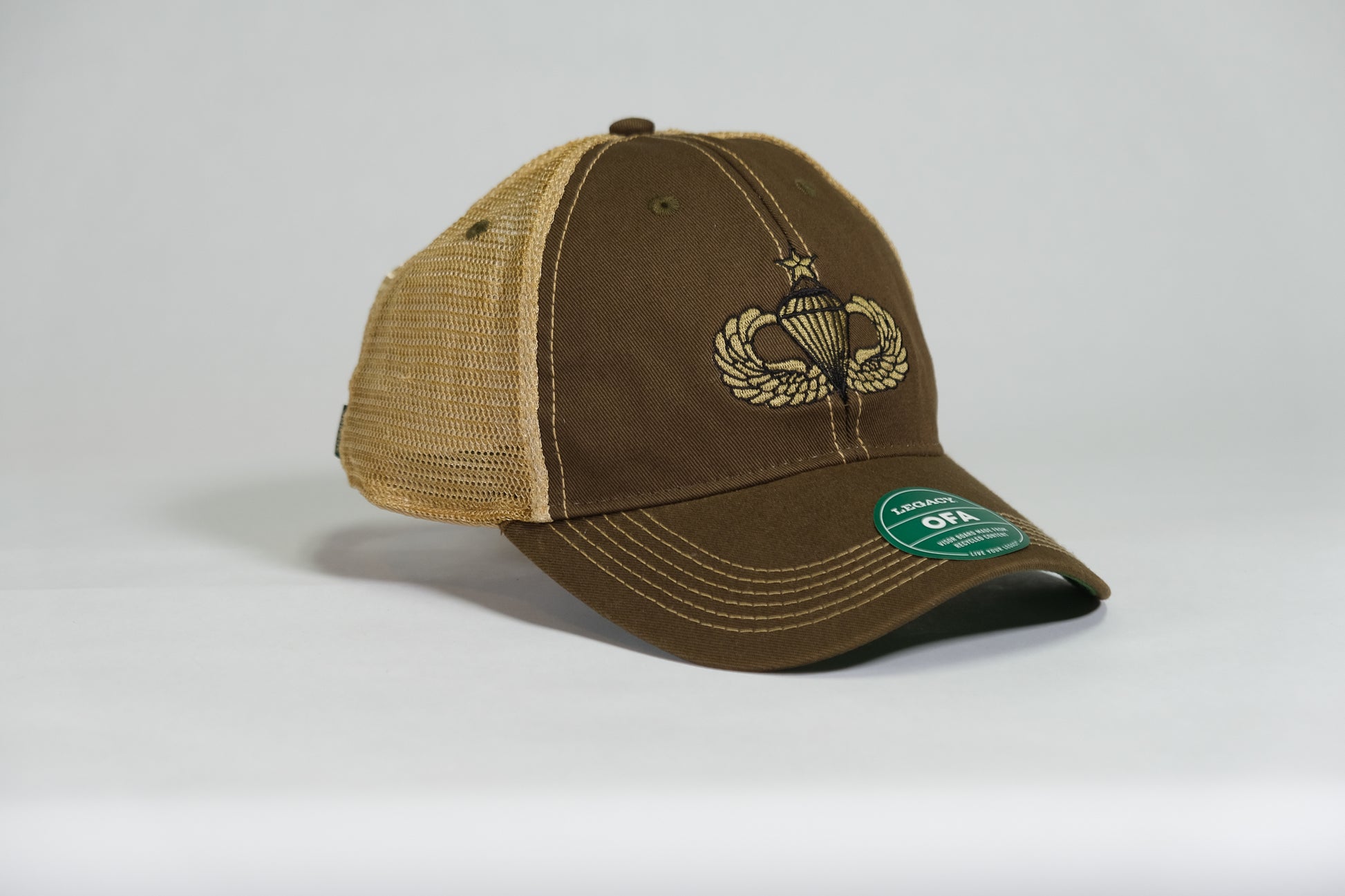 Senior Airborne Badge Embroidered Olive Drab Old Faithful Trucker Cap - Shamrock Collective