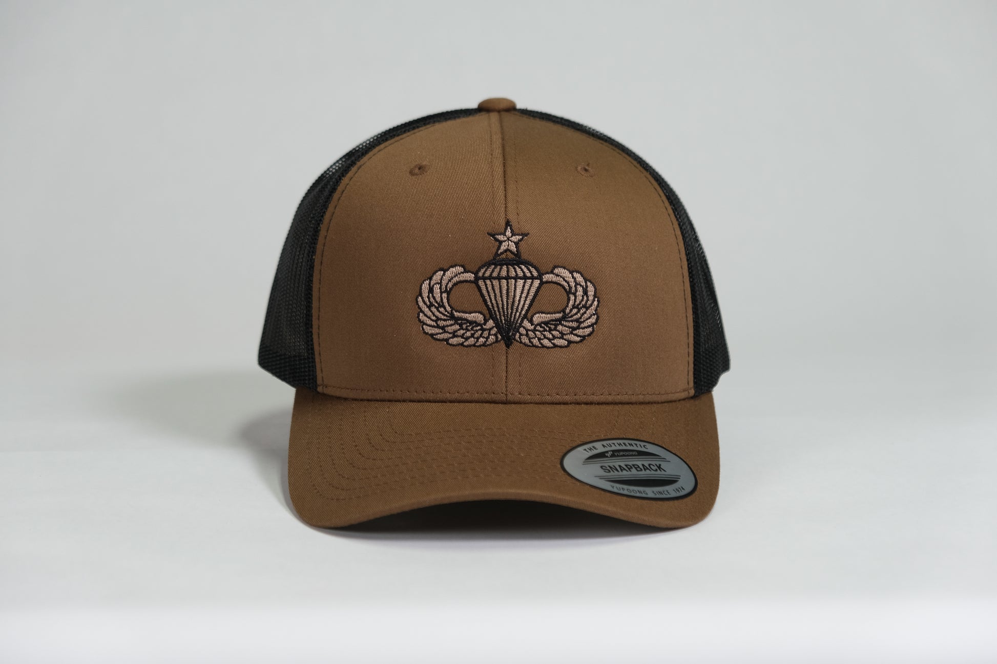 Senior Airborne Badge Embroidered Coyote Retro Trucker Cap - Shamrock Collective