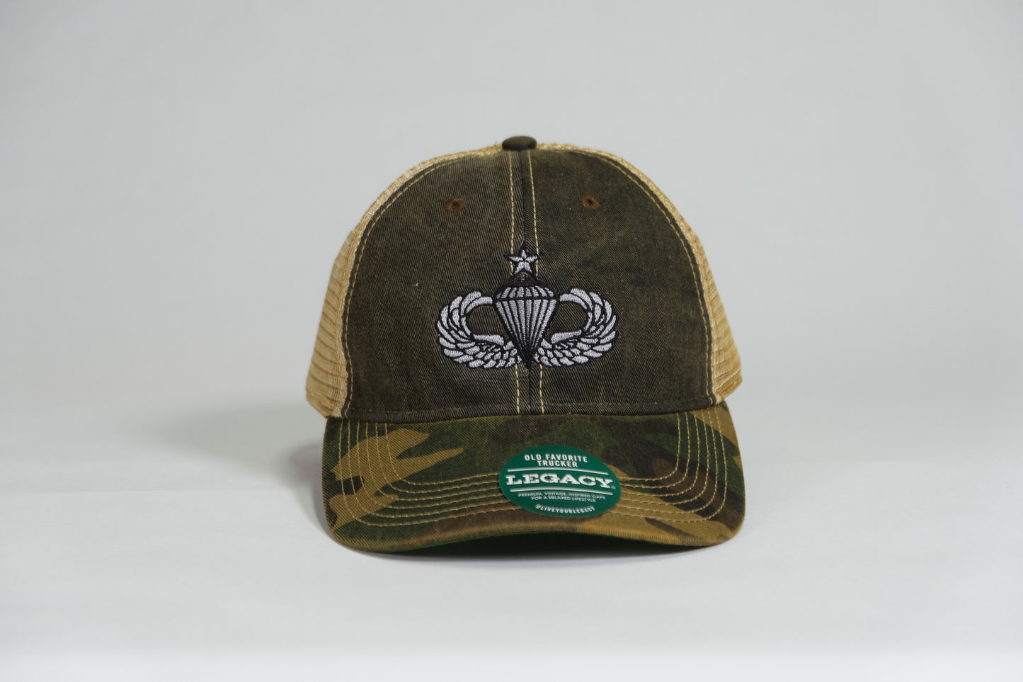 Senior Airborne Badge Embroidered Full Color Old Faithful Trucker Cap - Shamrock Collective