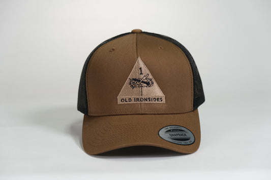 1st Armored Division Patch Embroidered Coyote Retro Trucker Cap - Shamrock Collective