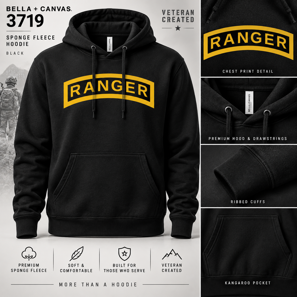 Ranger Tab Hoodie | Bella+Canvas 3719 Black Military Hoodie